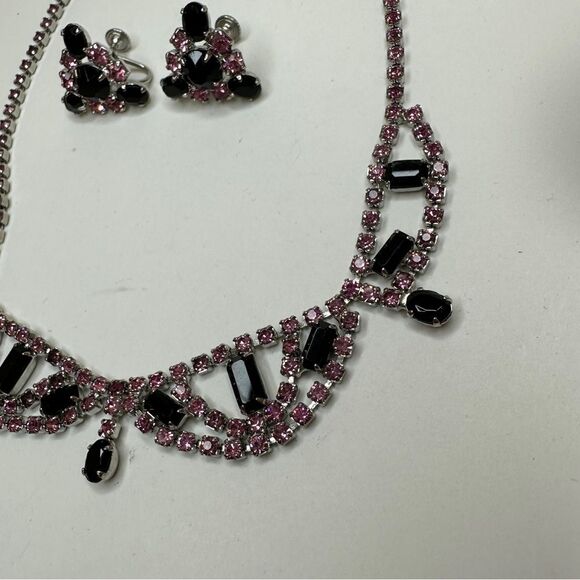 Fashion Jewelry Black and Pink Rhinestone Necklace and Screw Back Earrings - Picture 7 of 14